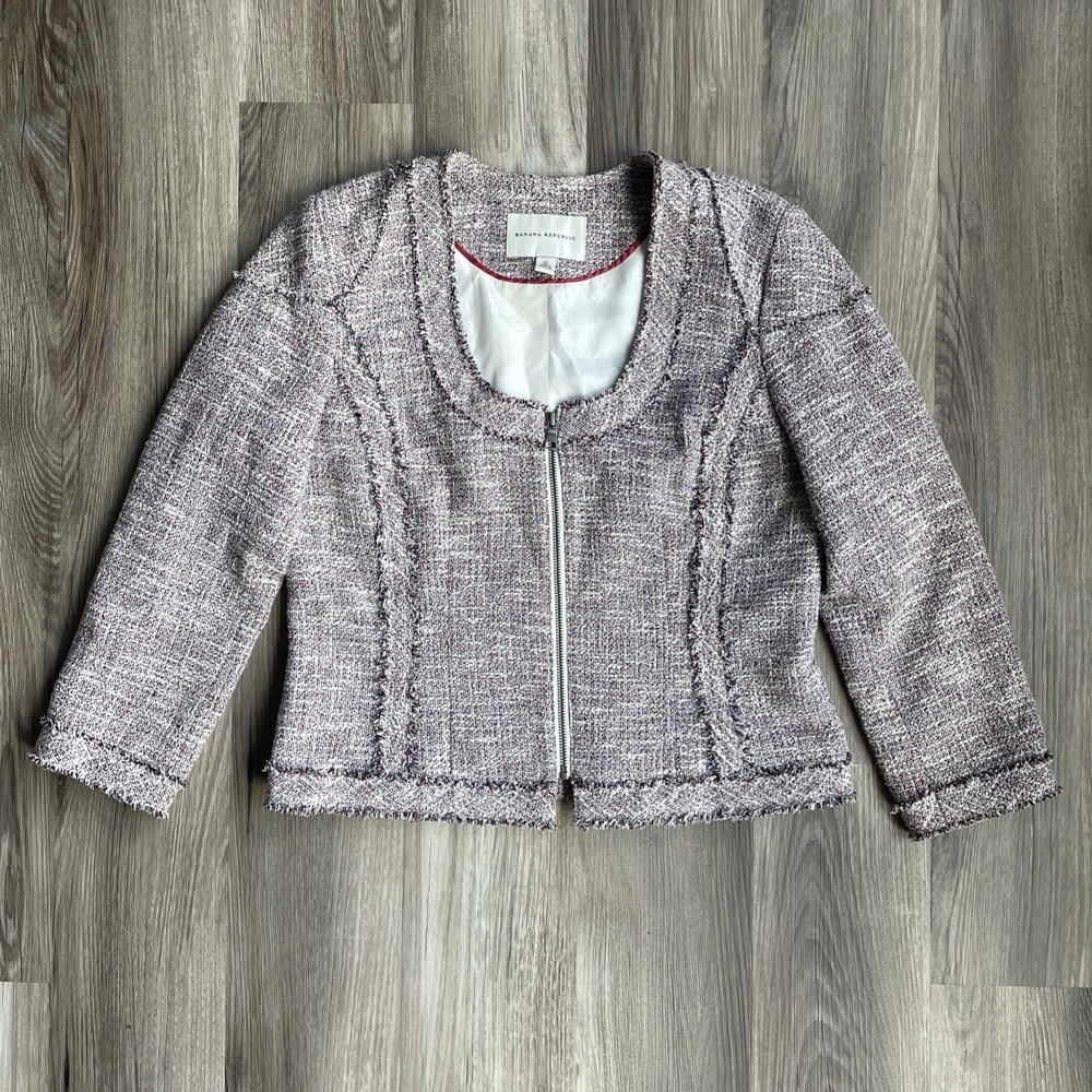 Banana Republic Pink Tweed Zip Front Frayed Raw Edge Blazer Jacket 12